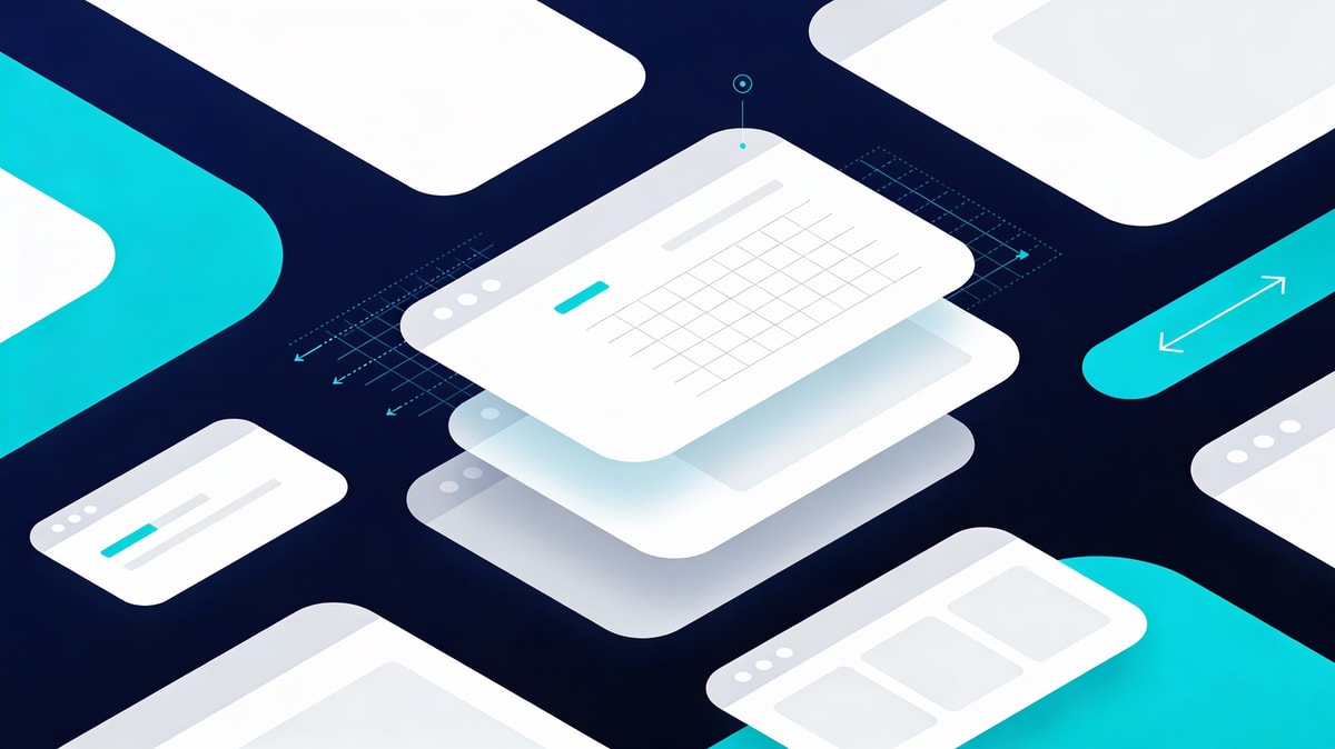 Isometric illustration of layered web application interface design with cyan accents, data flow arrows, and wireframe UI components on dark background
